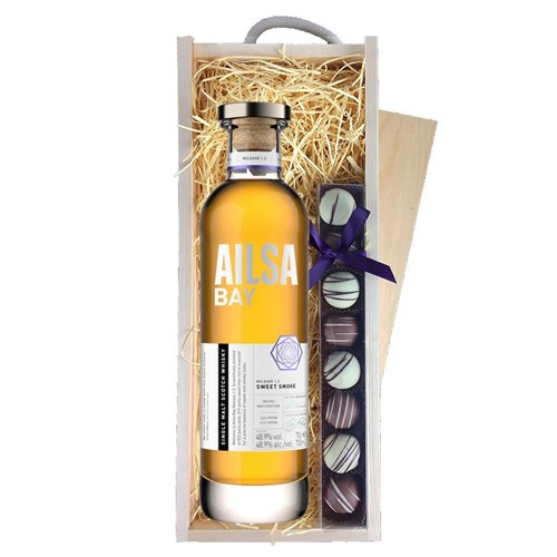Ailsa Bay Single Malt 70cl & Heart Truffles, Wooden Box